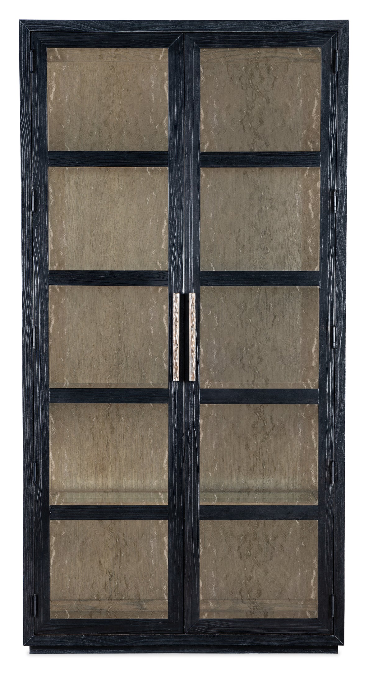 a black cabinet with glass doors
