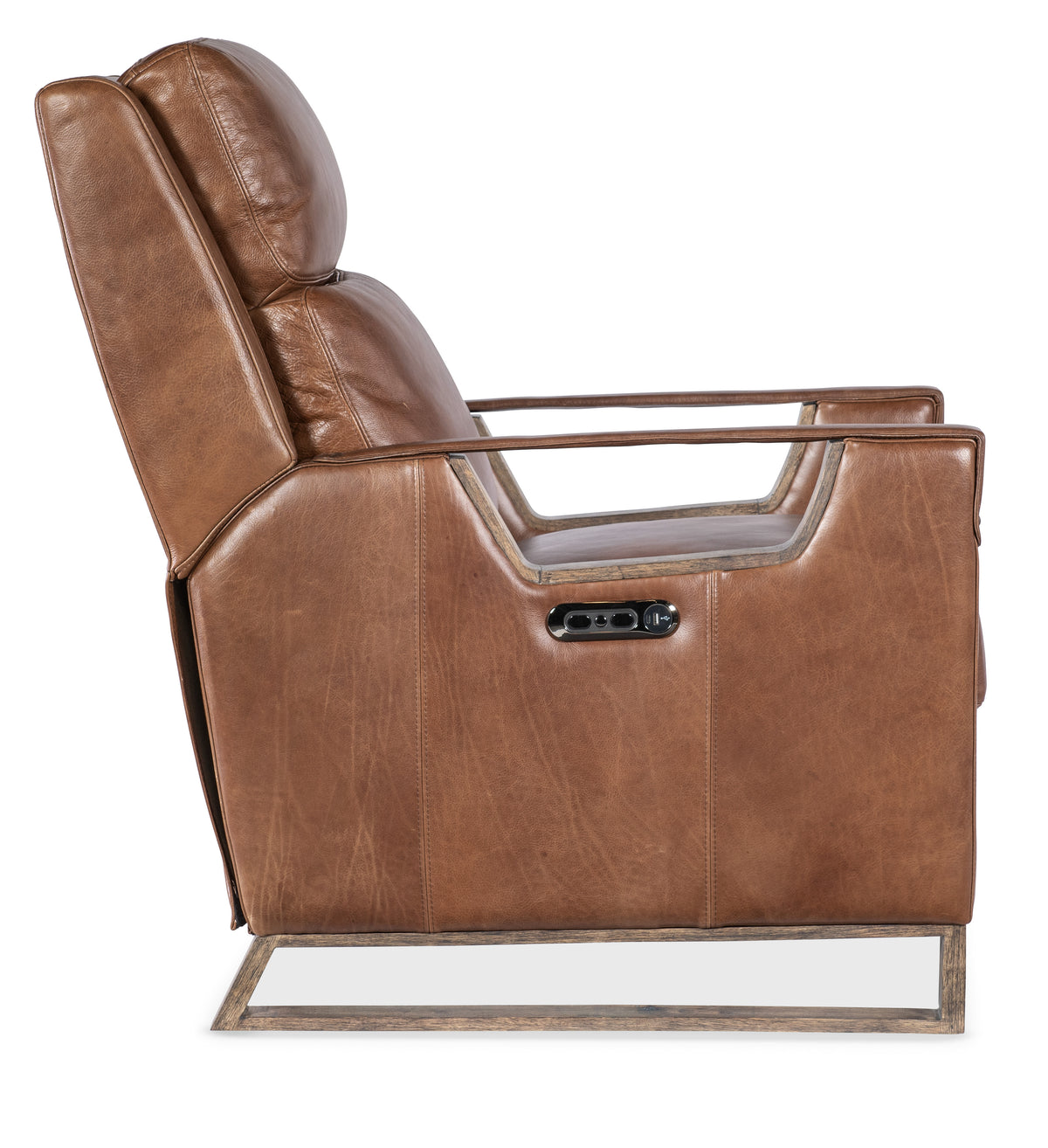 a brown leather chair with armrests