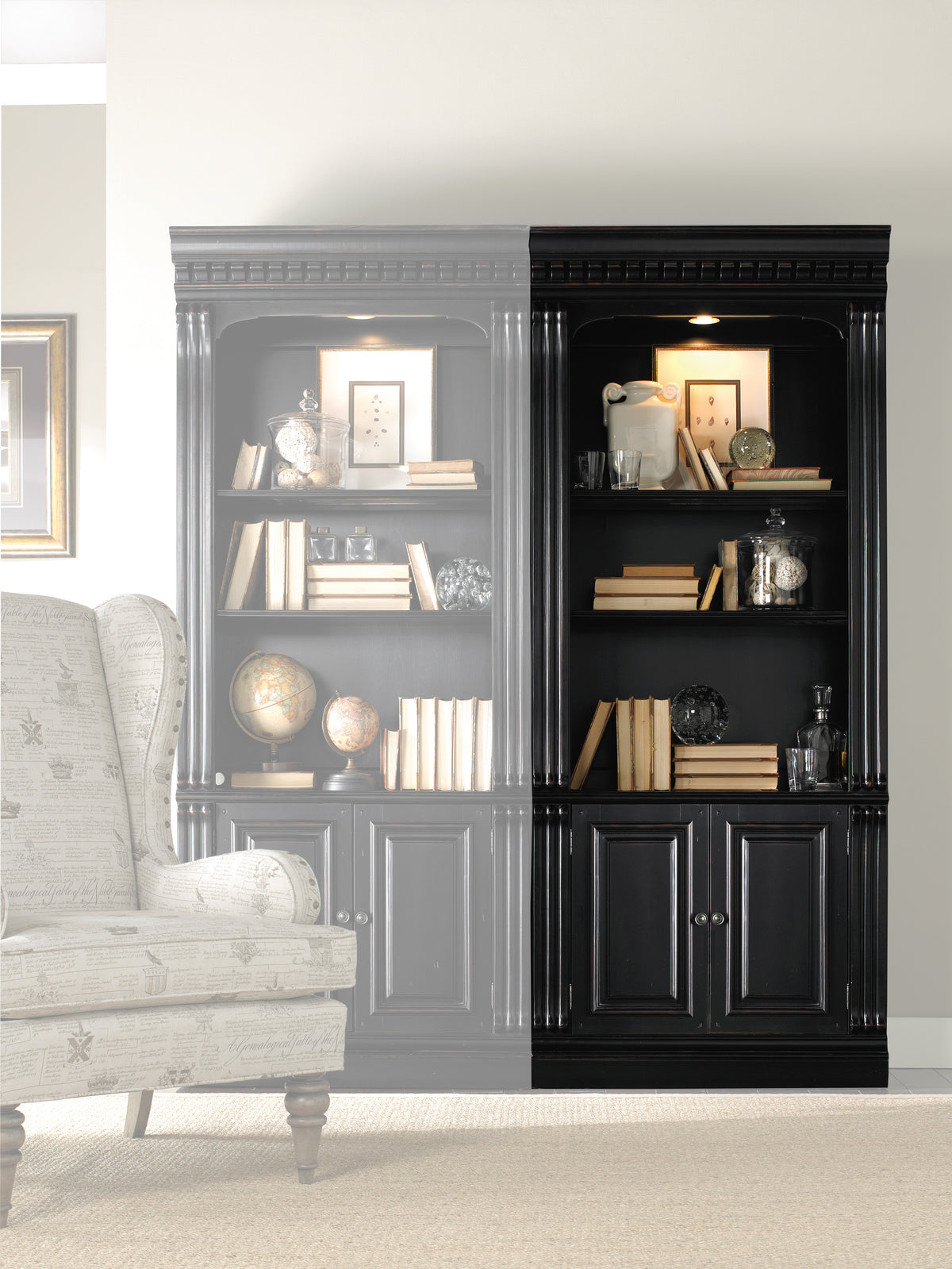 a black bookcase with books and objects on it