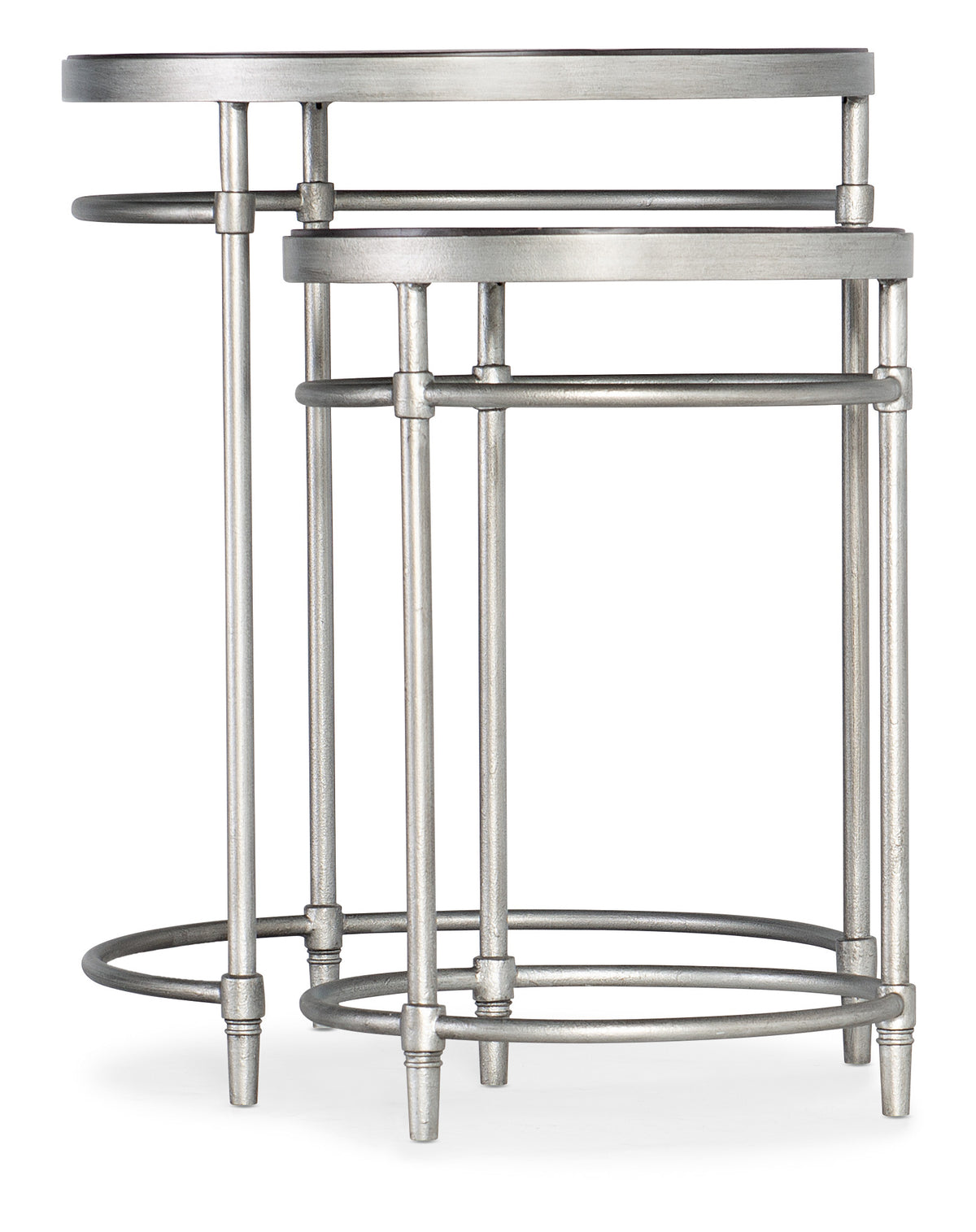 a round silver table with round legs