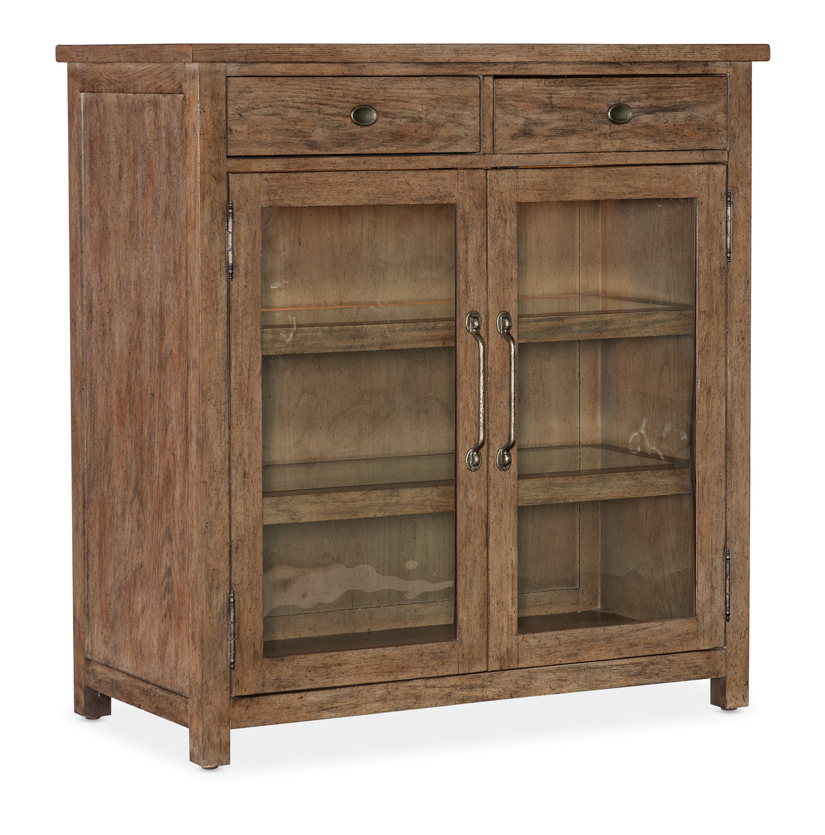 a wooden cabinet with glass doors