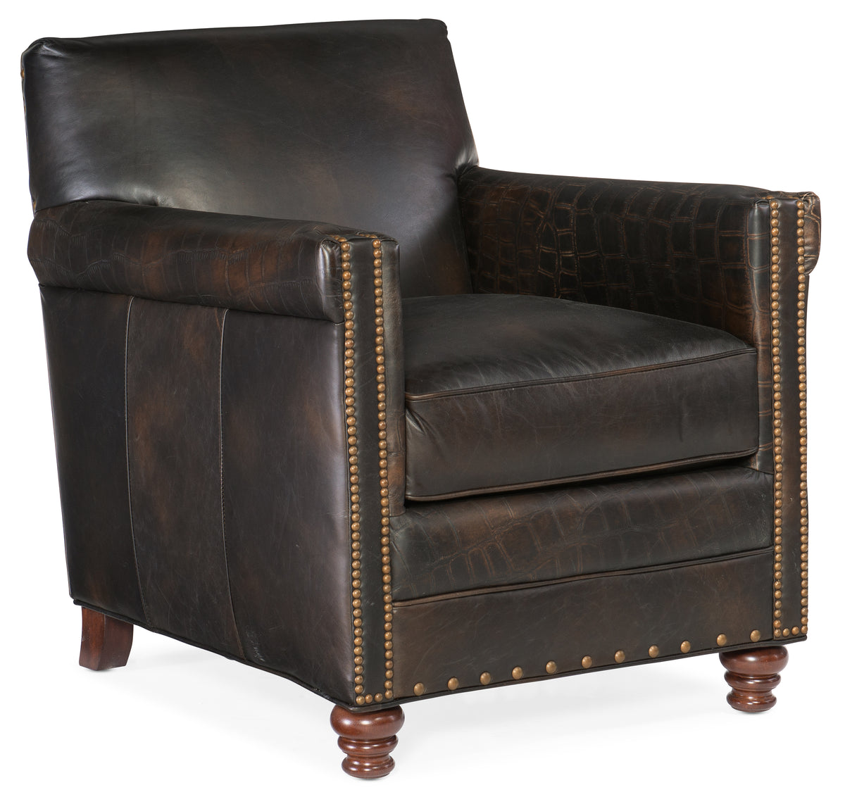 a brown leather chair with wooden legs