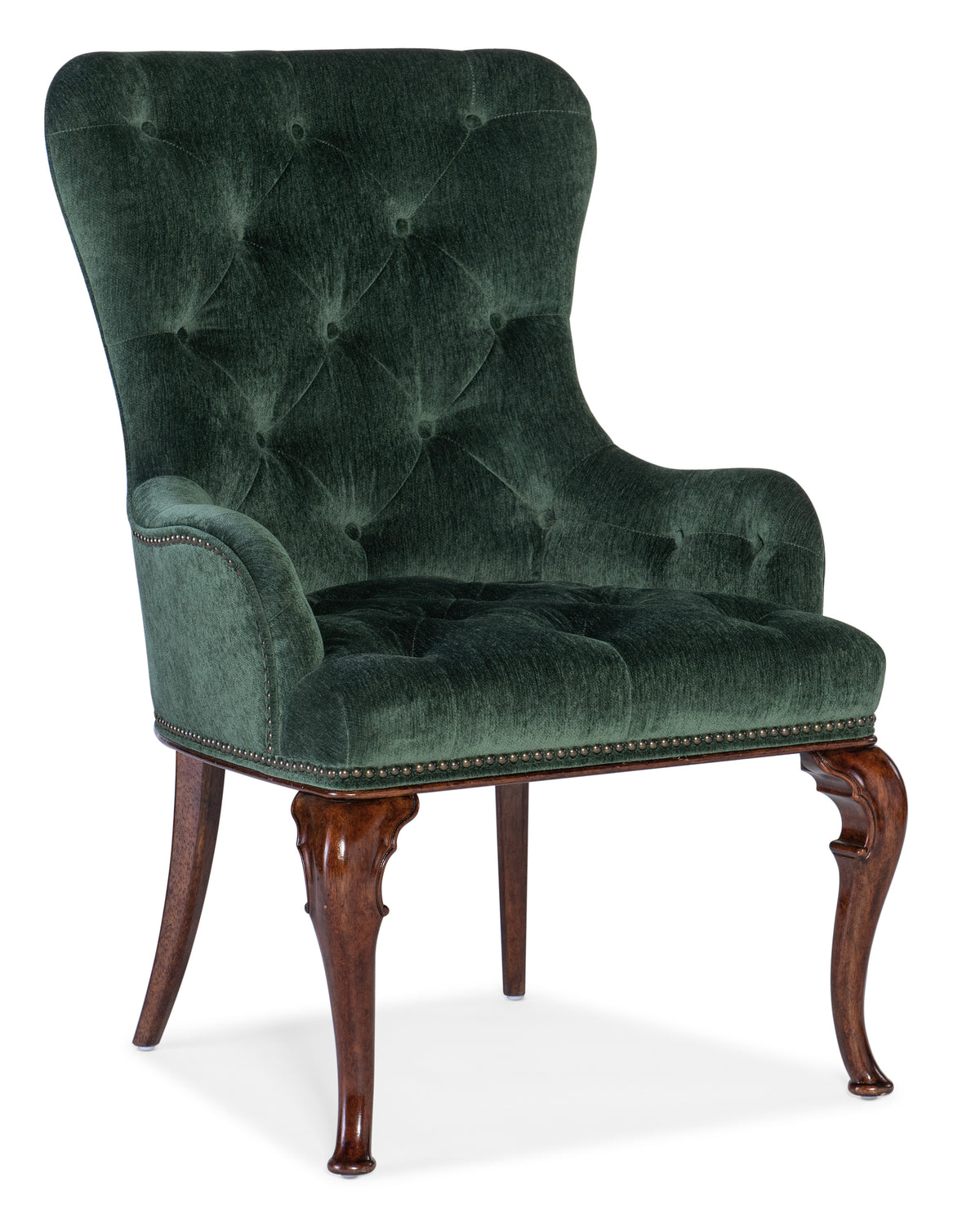 a green chair with wooden legs