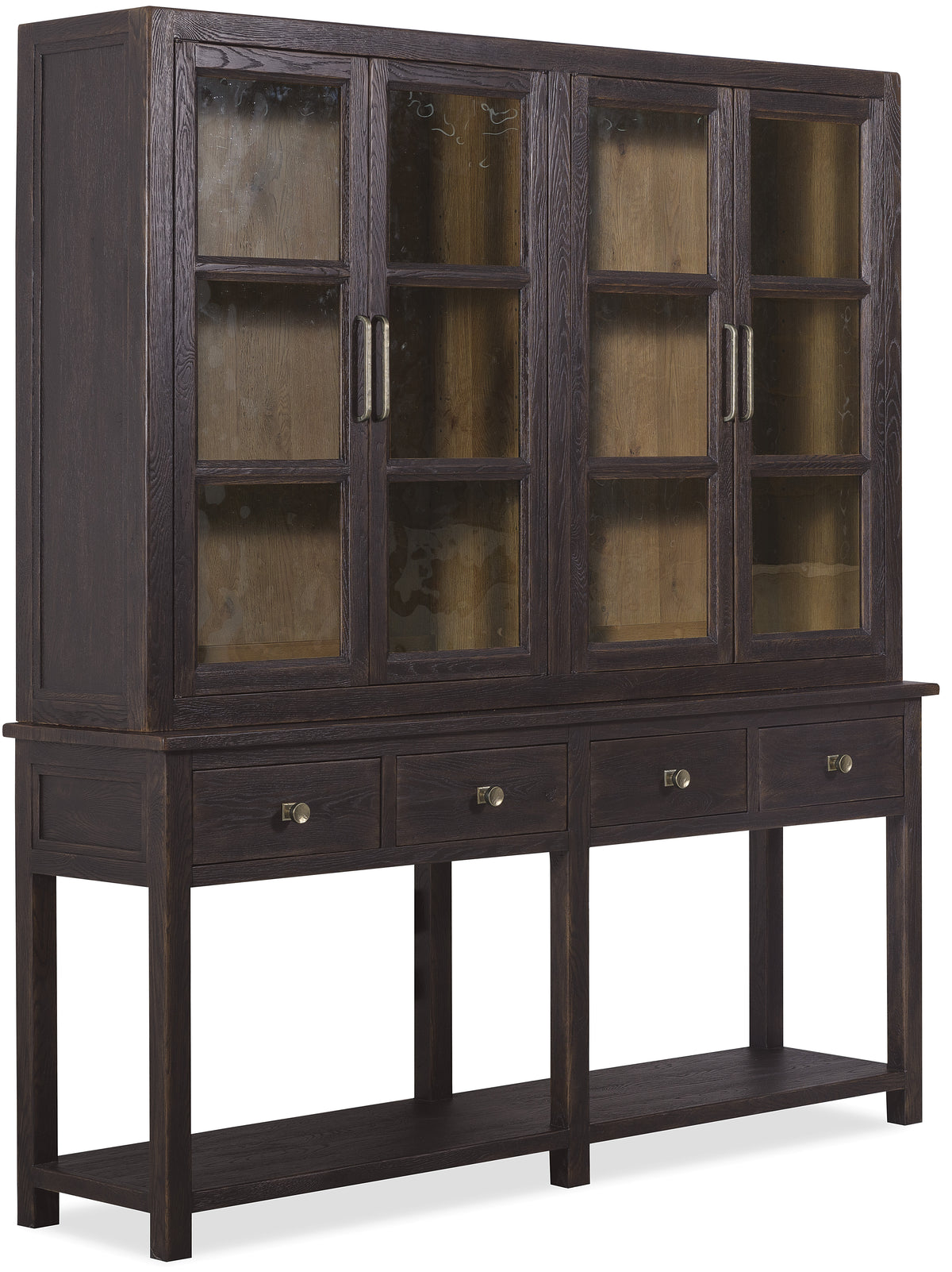 a wooden cabinet with glass doors