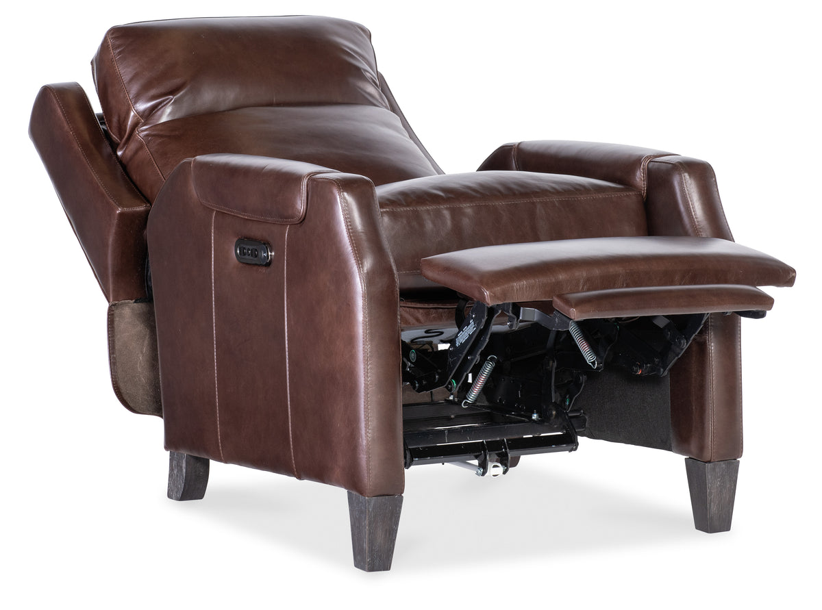 a brown leather recliner with legs