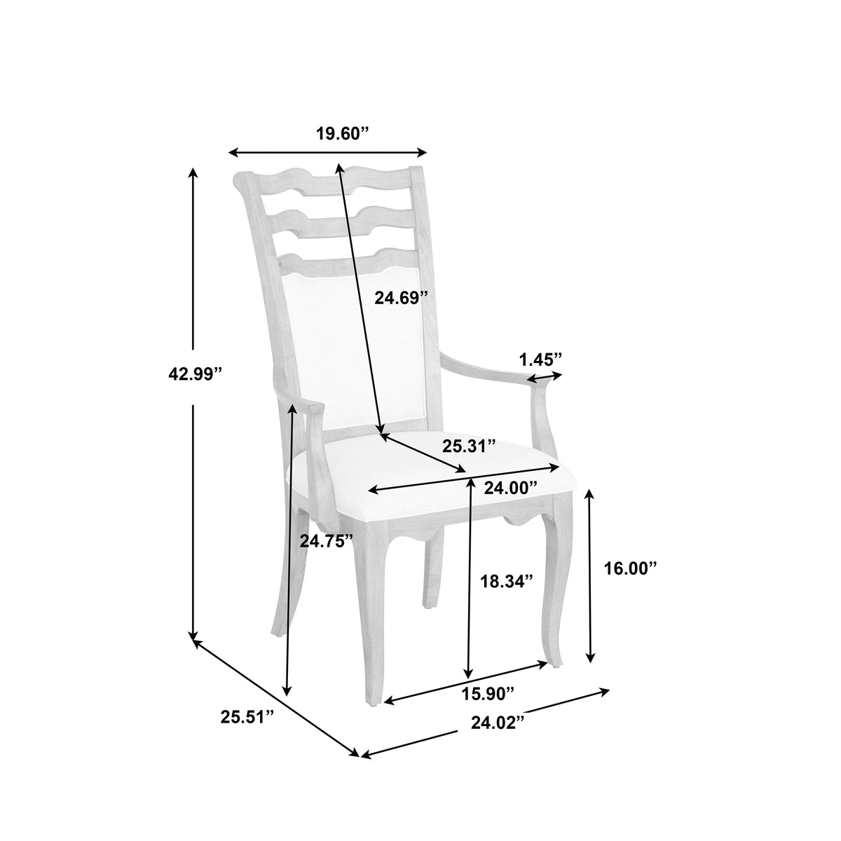 a white chair with measurements
