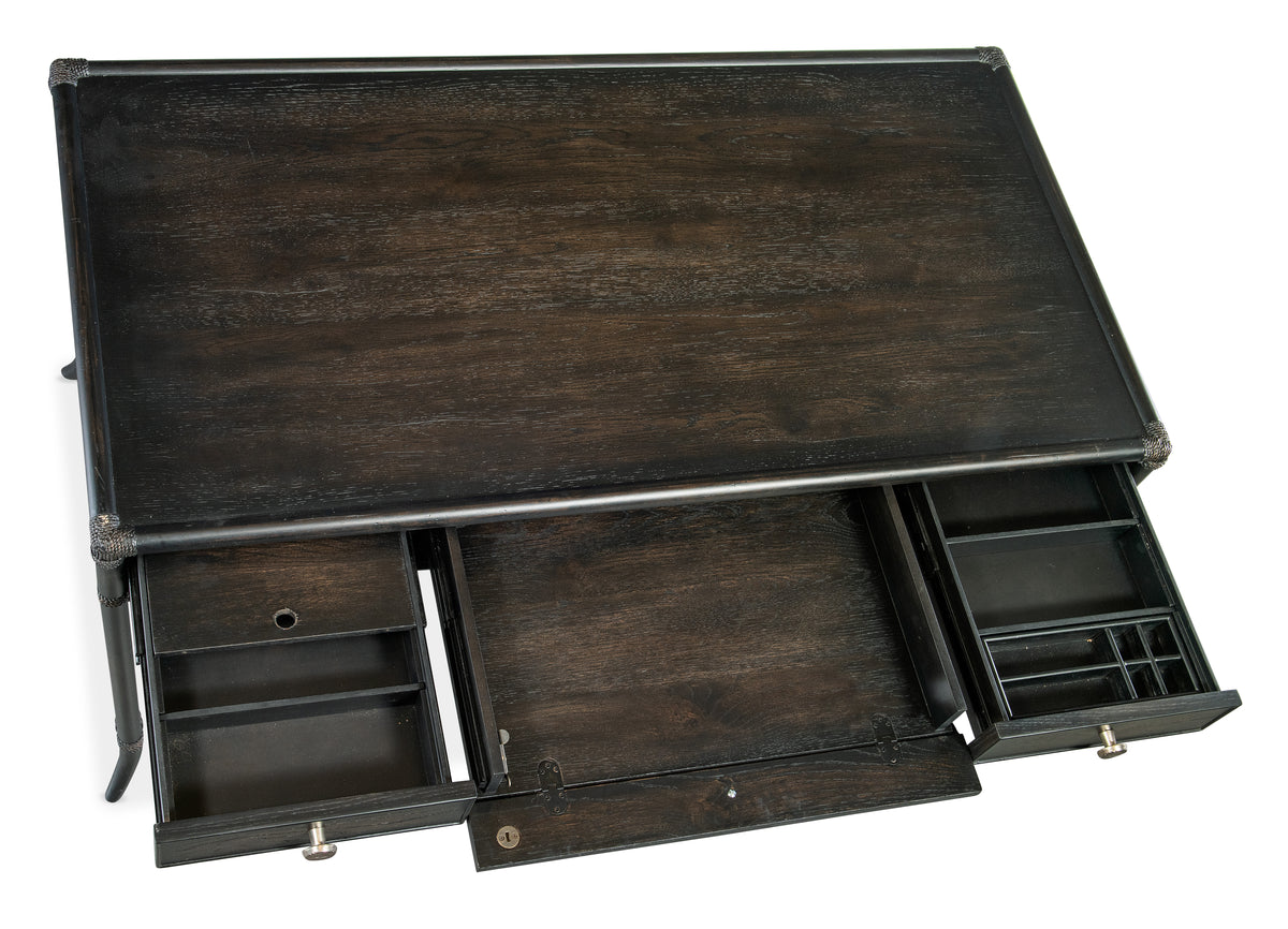 a black desk with open drawers