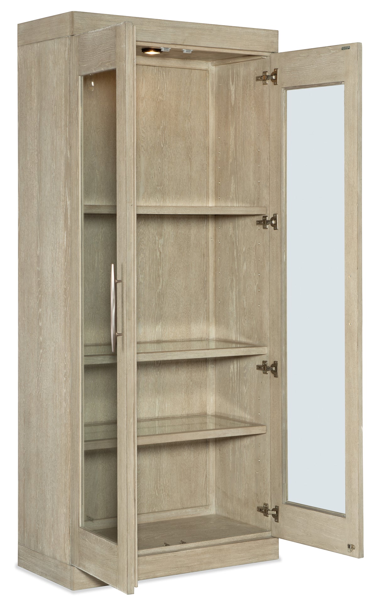a wooden cabinet with a glass door