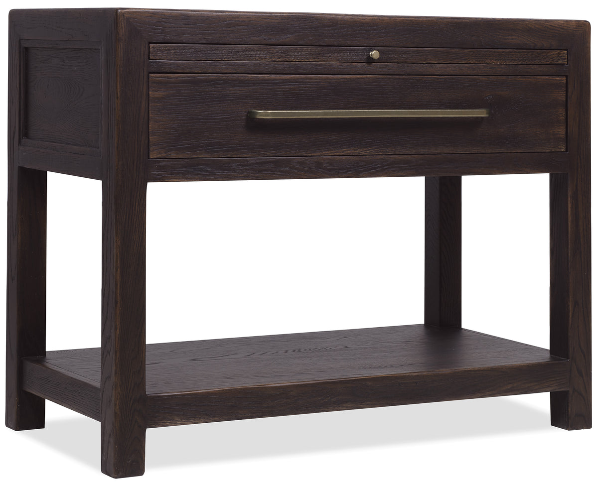 a dark wood nightstand with a drawer