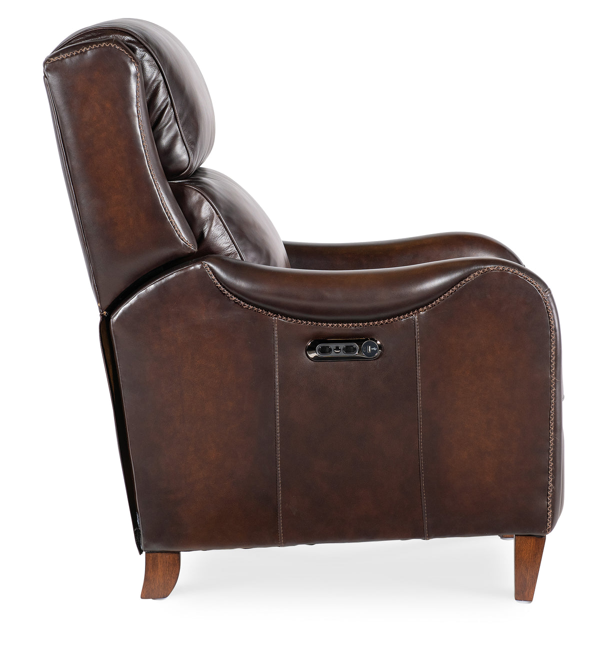 a brown leather chair with wooden legs