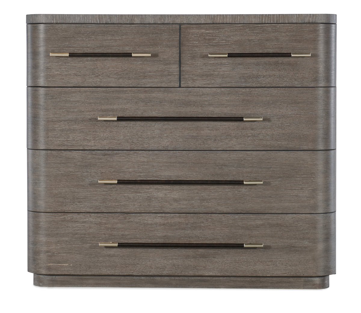 a brown dresser with gold handles