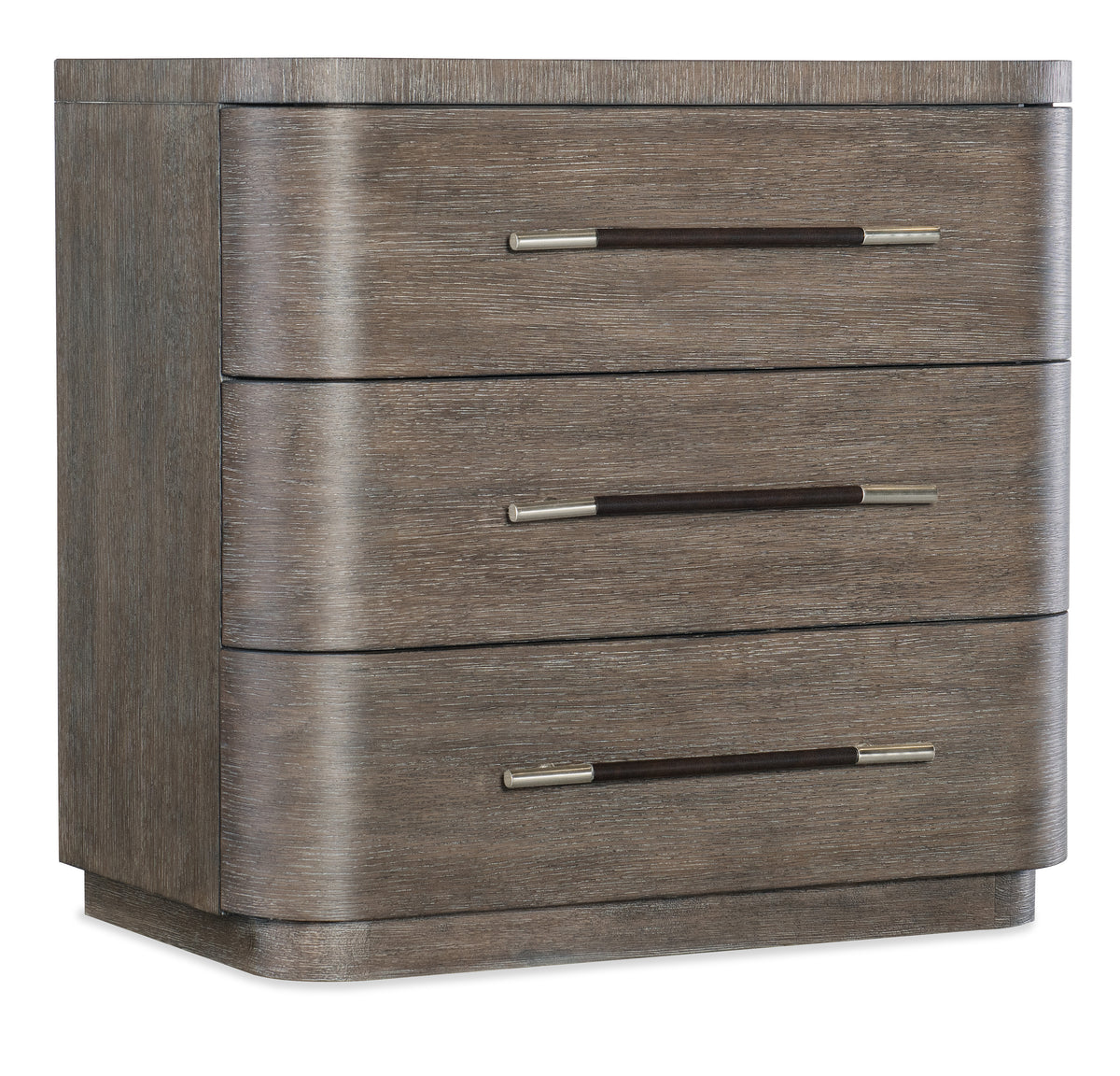 a brown dresser with silver handles
