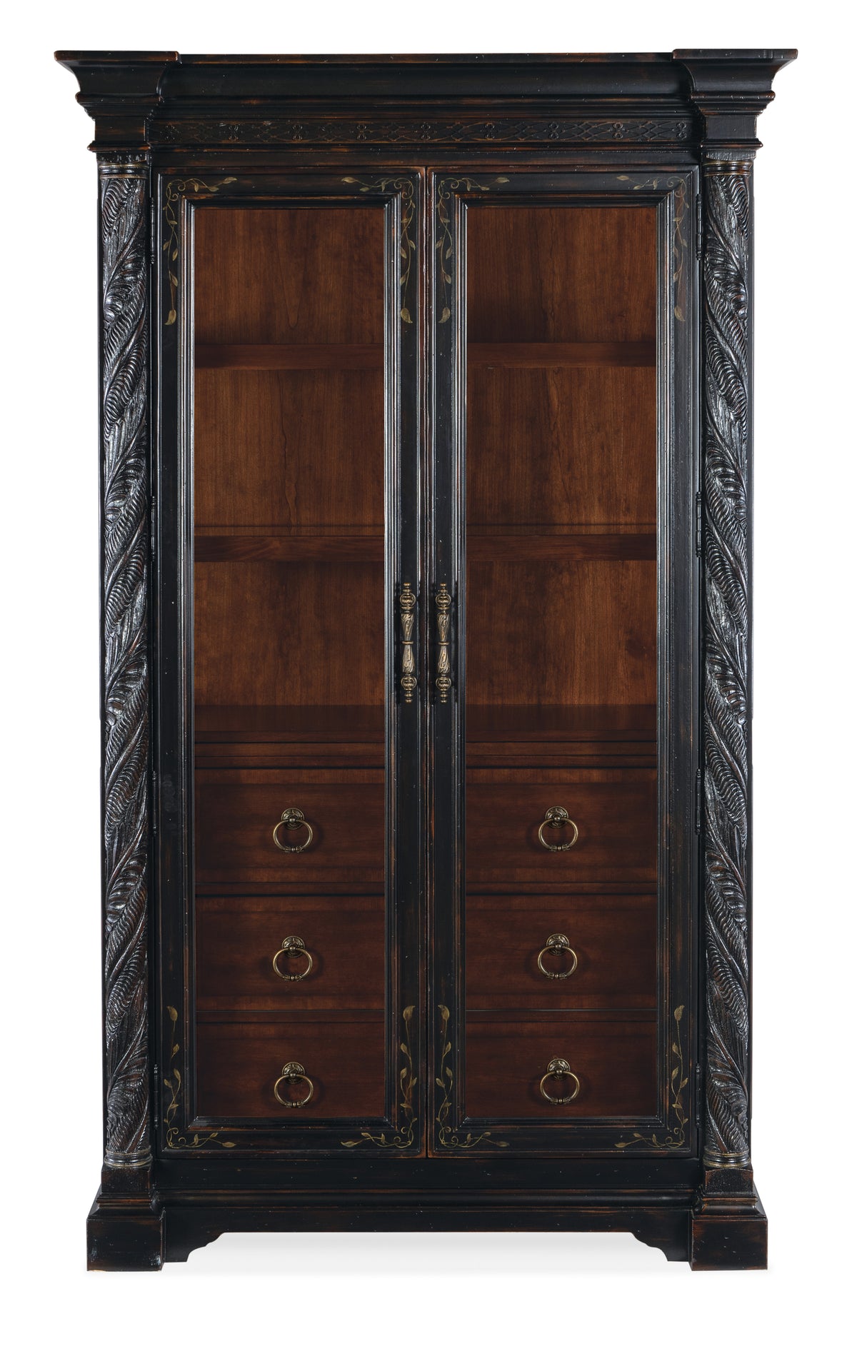 a wooden cabinet with glass doors