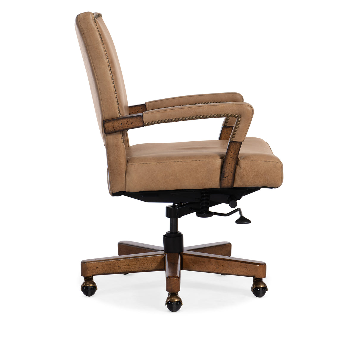 a brown office chair with wheels