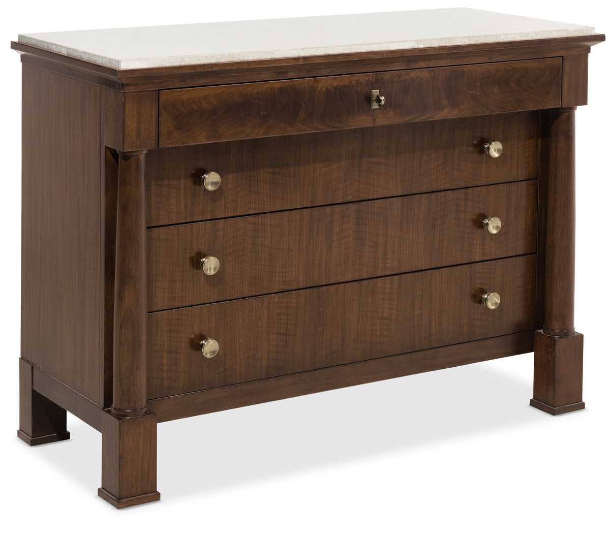 a brown dresser with a marble top