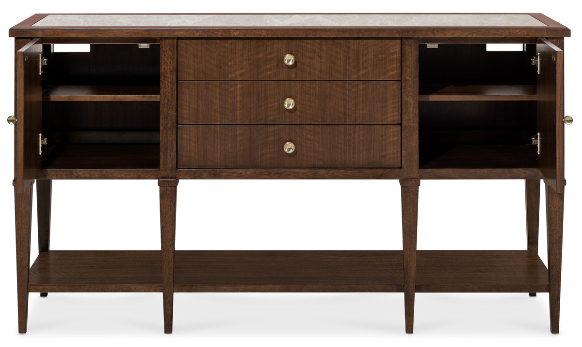 a brown wooden dresser with shelves