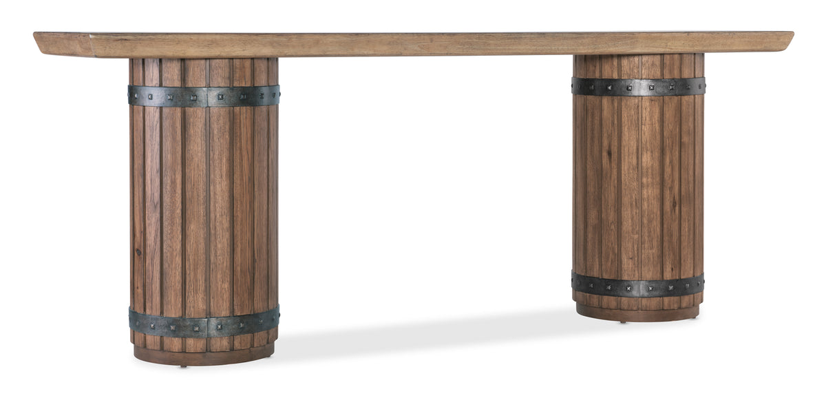 a wooden table with metal rings