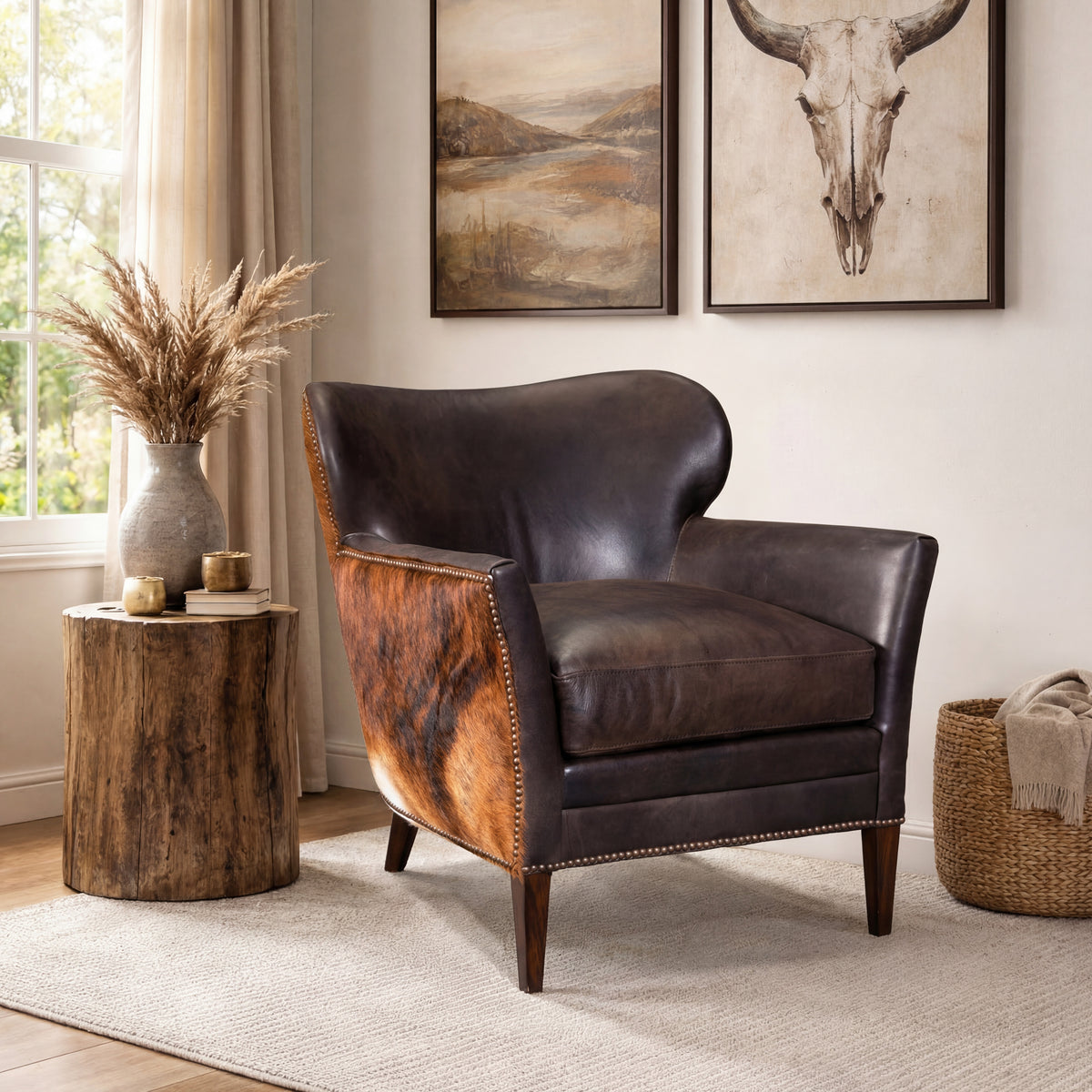a chair in a room with a table and pictures on the wall