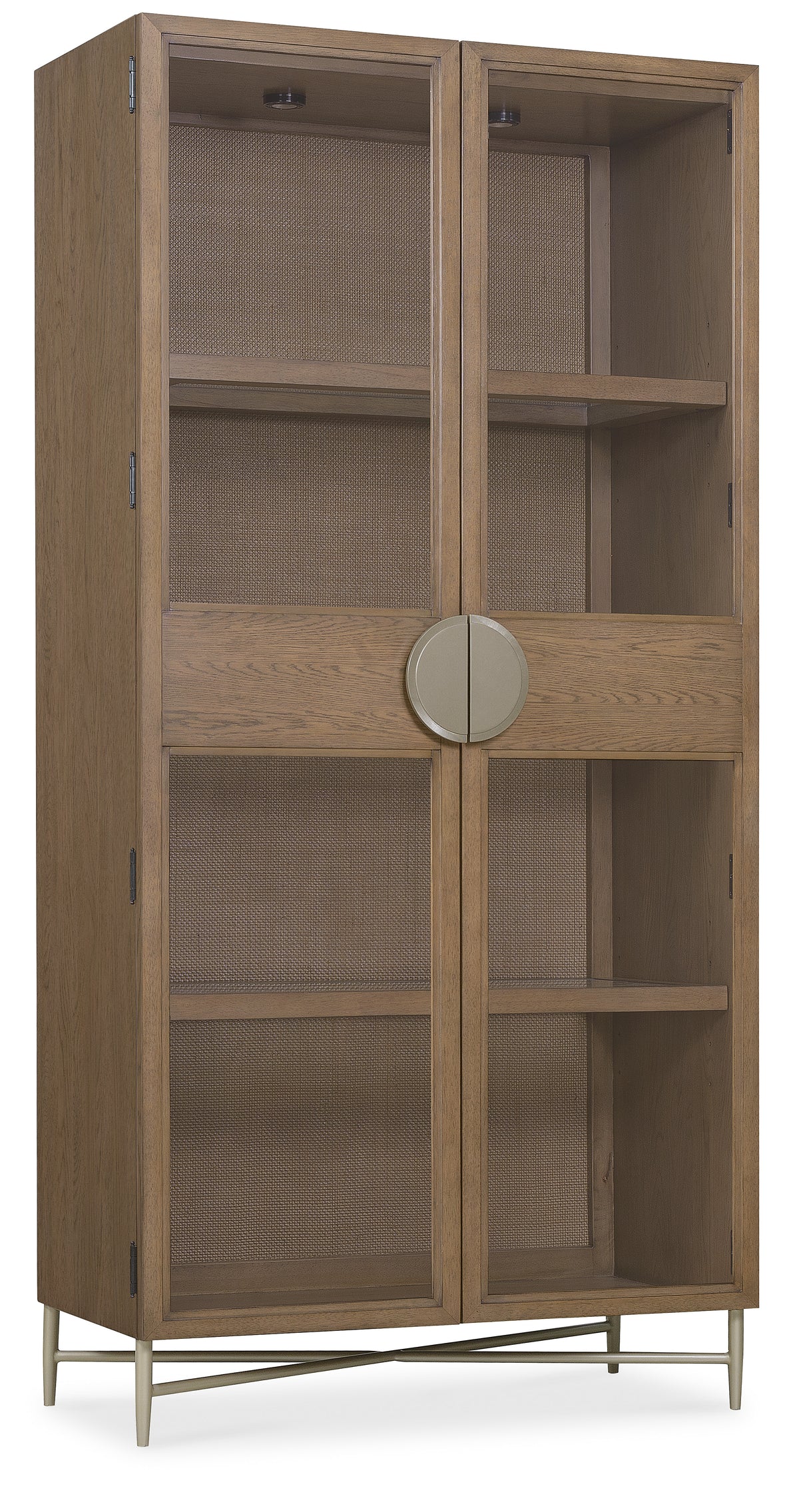 a wood cabinet with glass doors