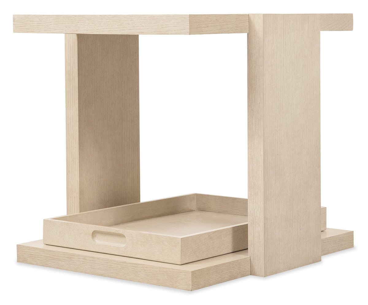 a white wood table with a tray