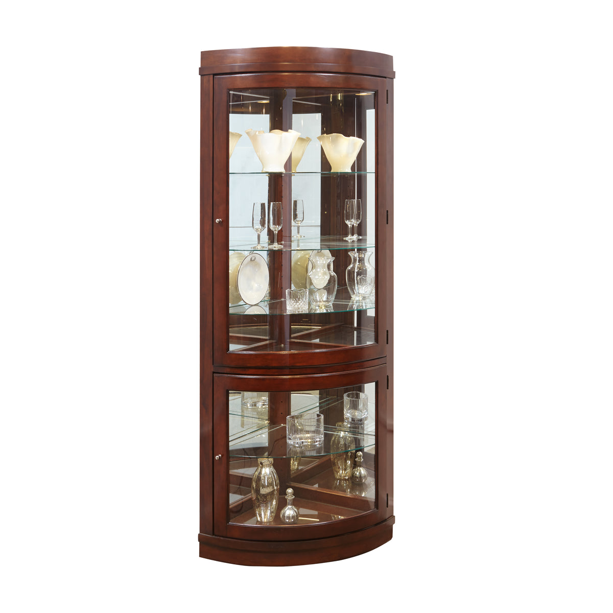 a wooden corner cabinet with glass shelves with Cabinet of curiosities in the background