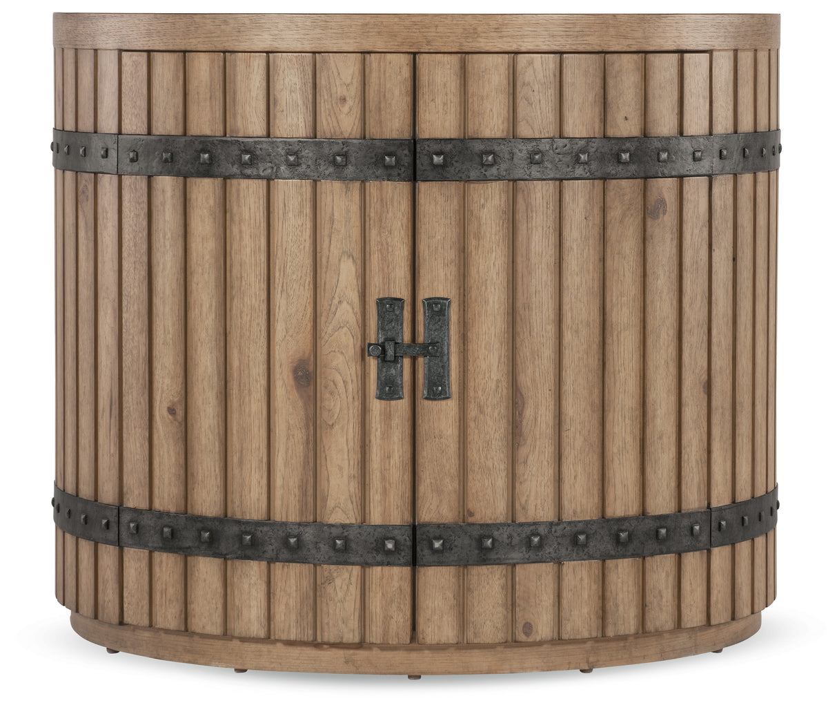 a wooden cabinet with metal straps