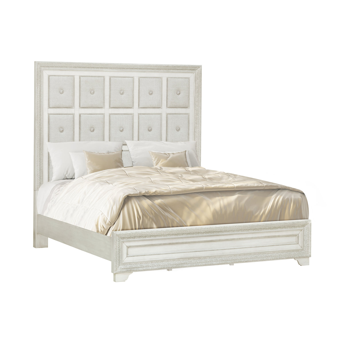 a white bed with a gold blanket