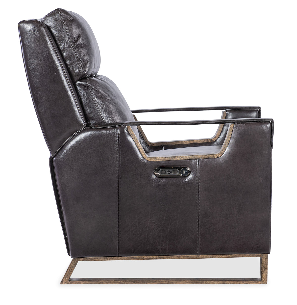 a black leather chair with metal legs