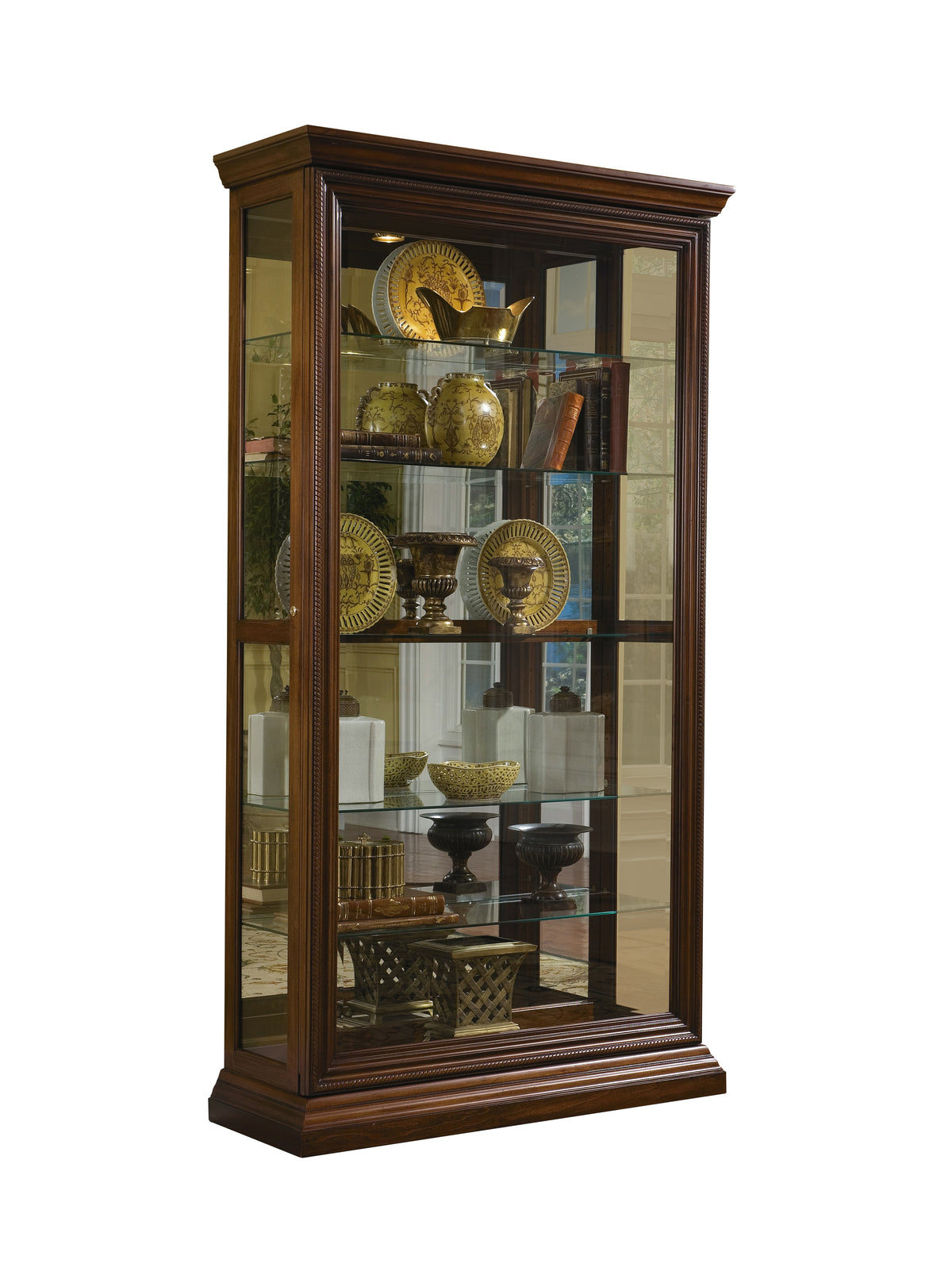 a glass cabinet with a variety of objects on it