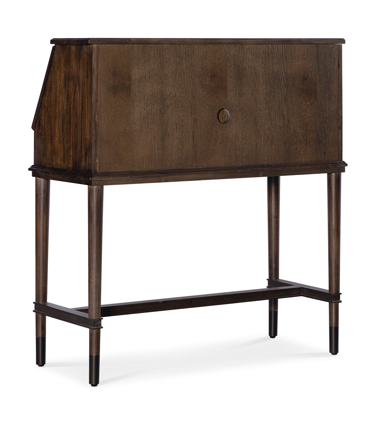 a brown wooden desk with a drawer