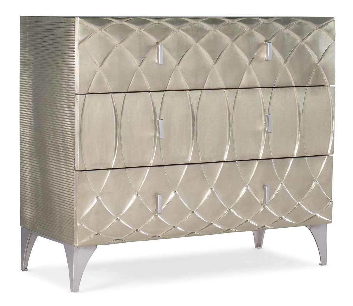 a silver dresser with four drawers