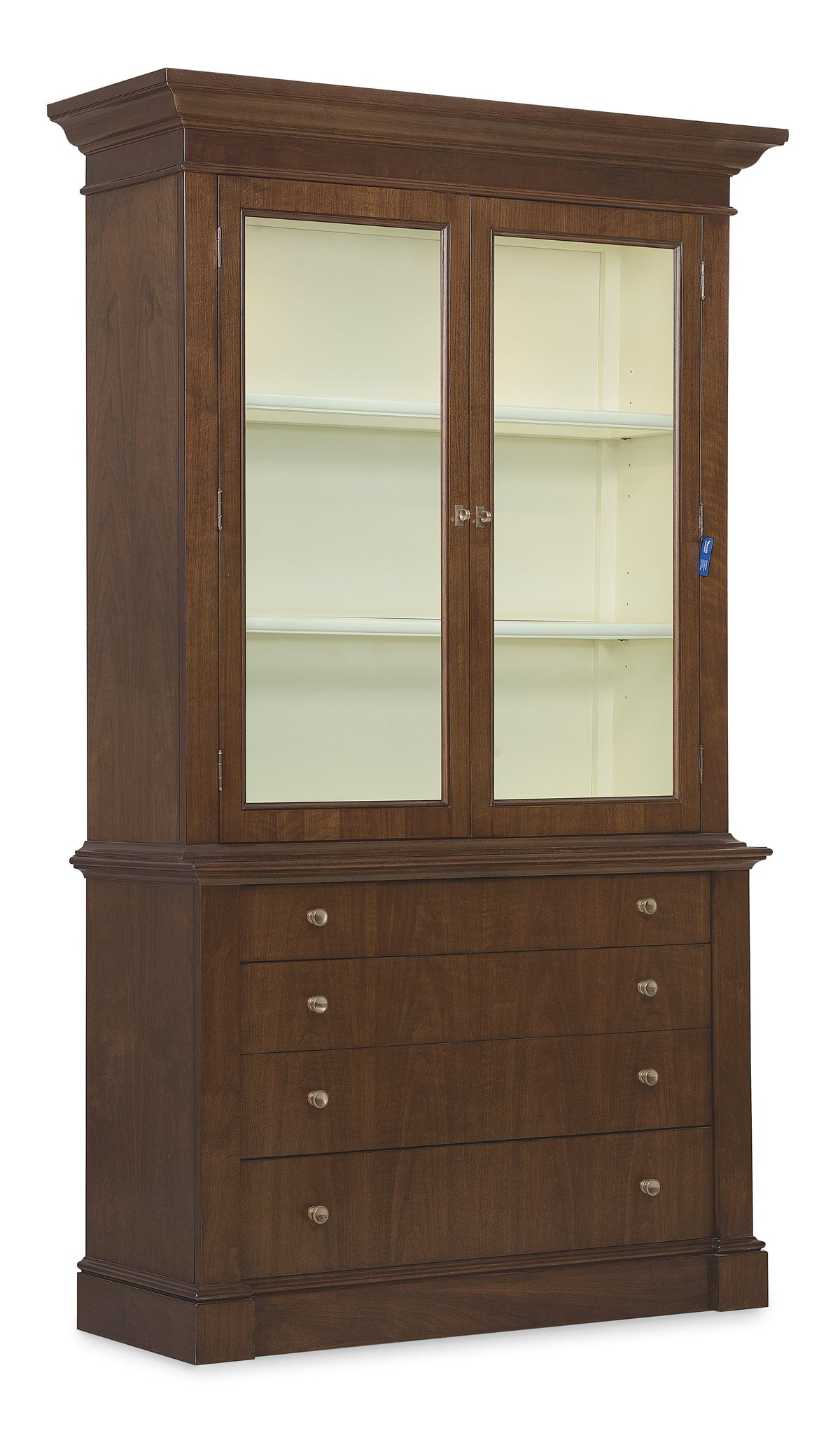 a wooden cabinet with glass doors