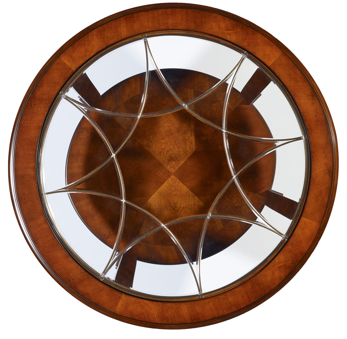 a circular wood table with glass