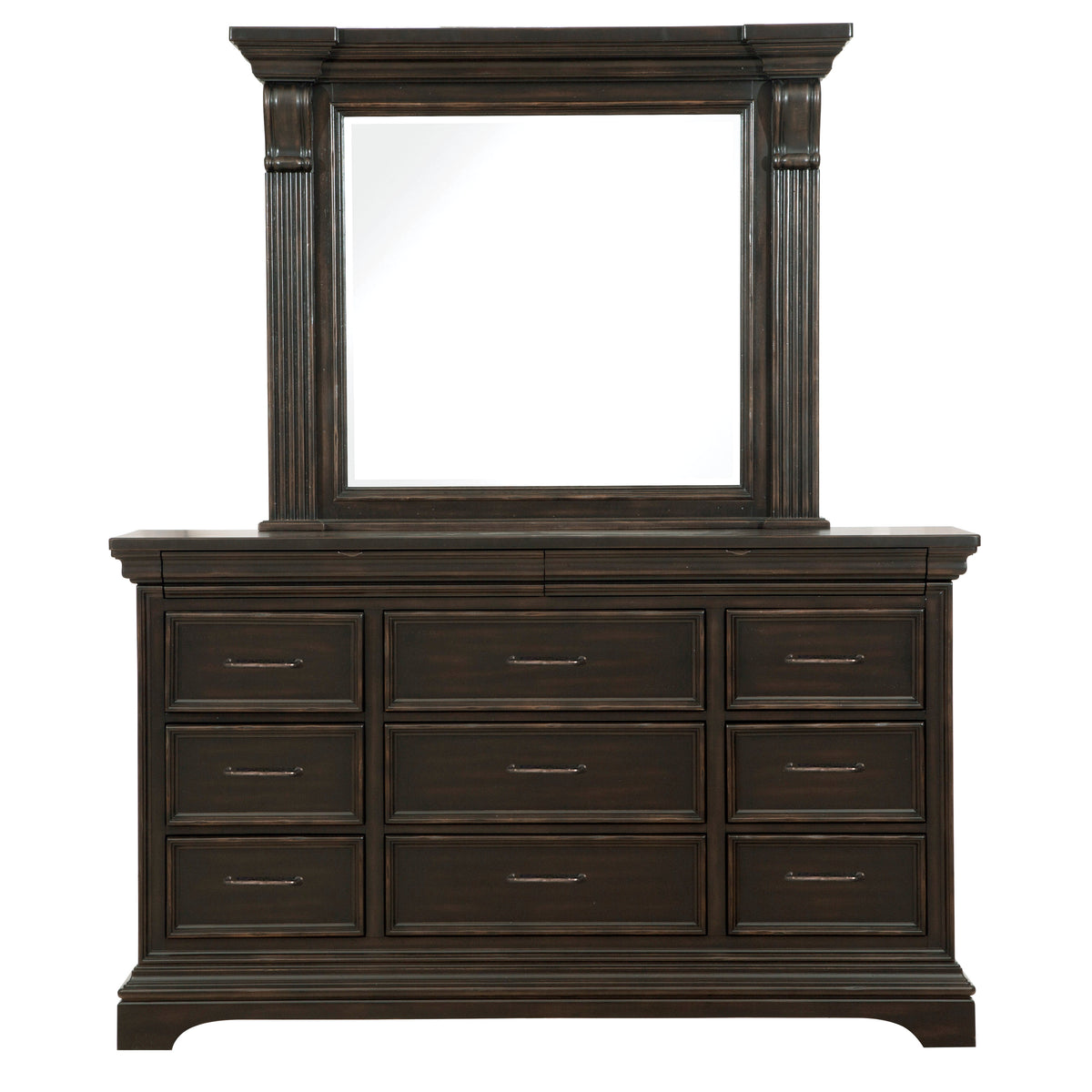 a dresser with a mirror
