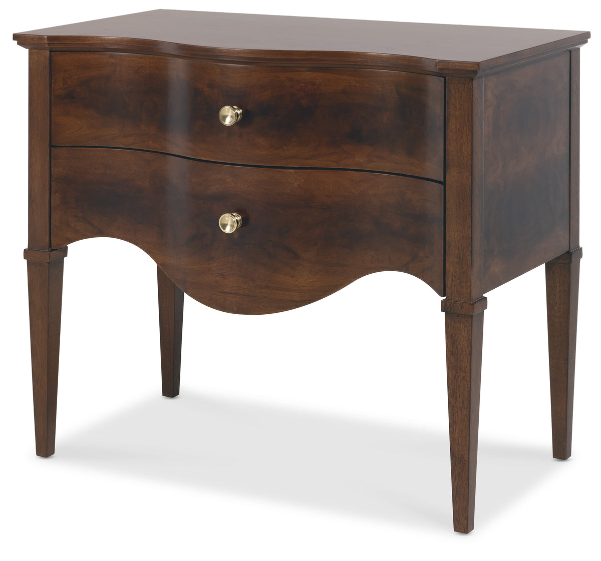 a brown wooden nightstand with two drawers