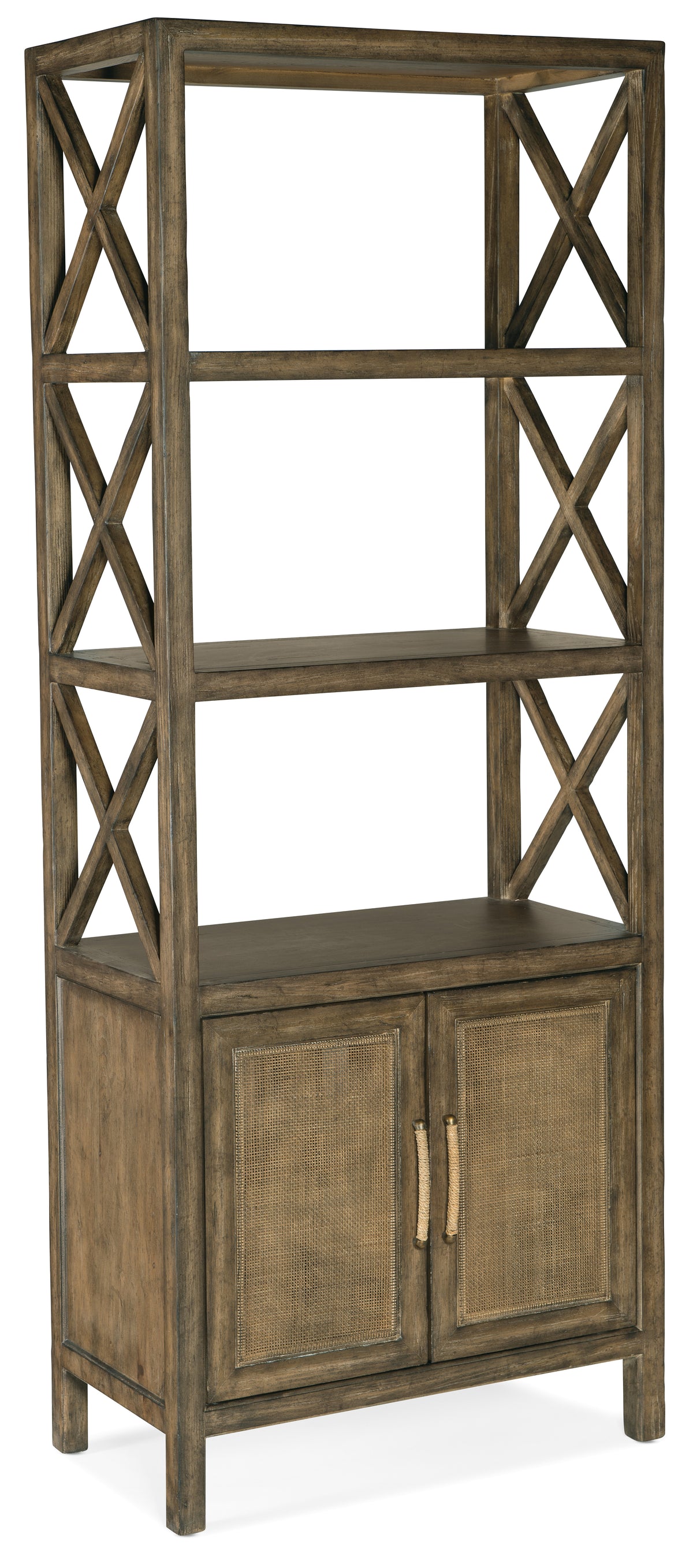 a wooden shelf with two shelves