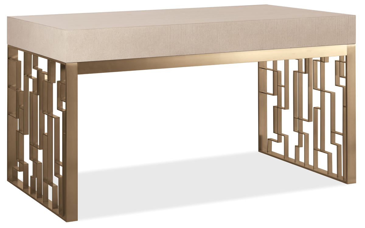 a white rectangular table with gold legs
