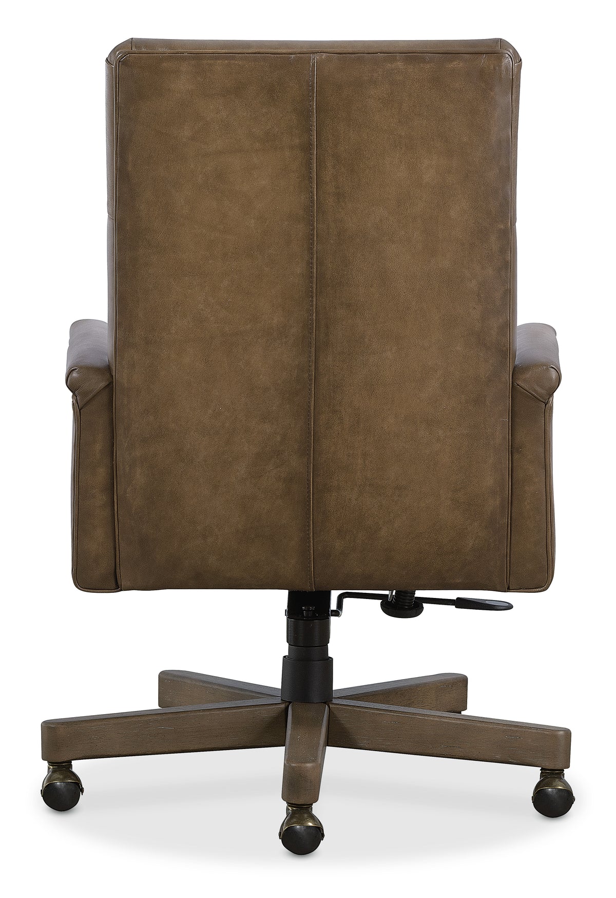 a brown leather chair with wheels