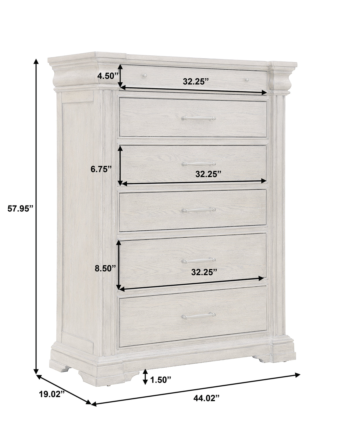 a white chest of drawers with measurements