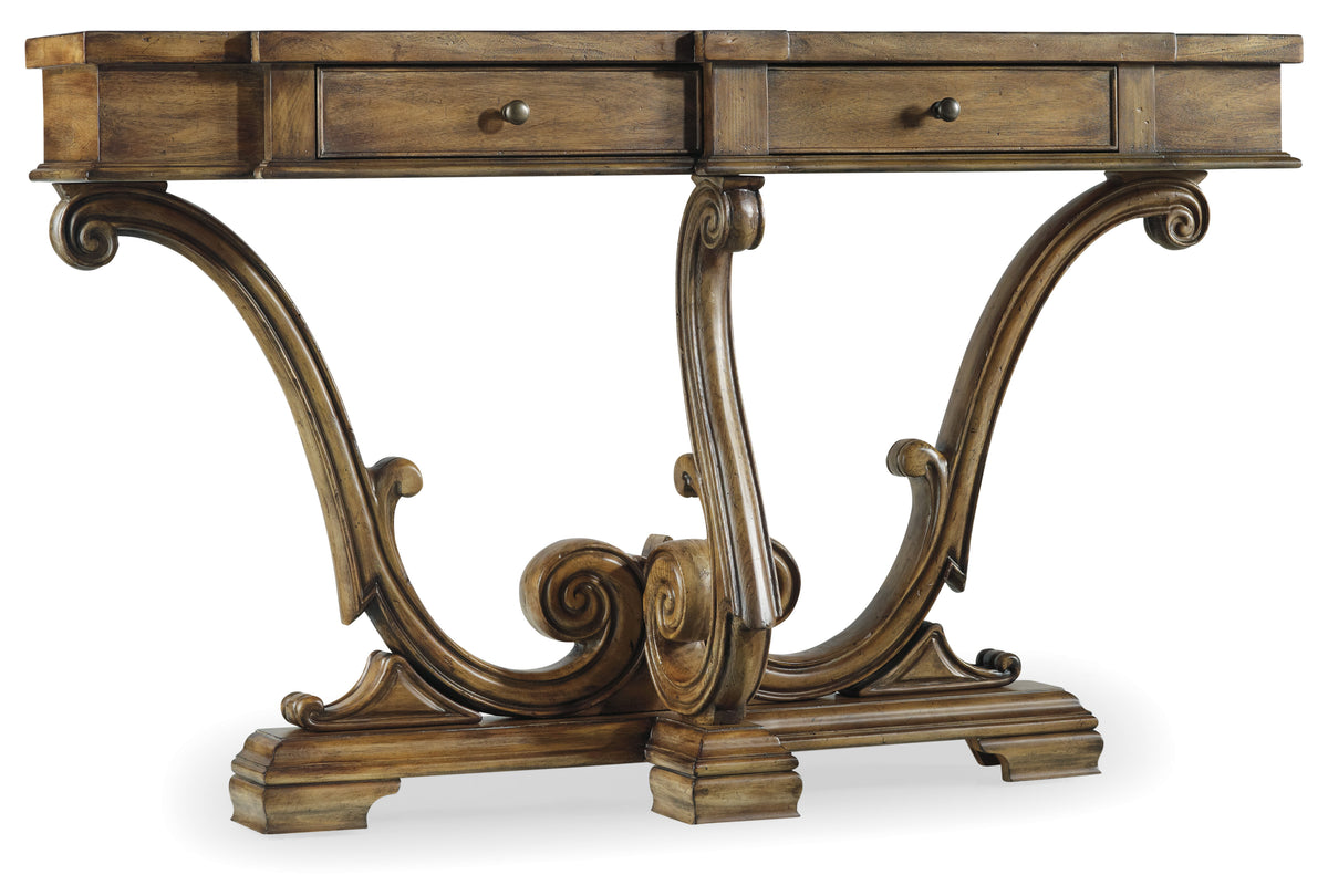 a wooden table with a drawer