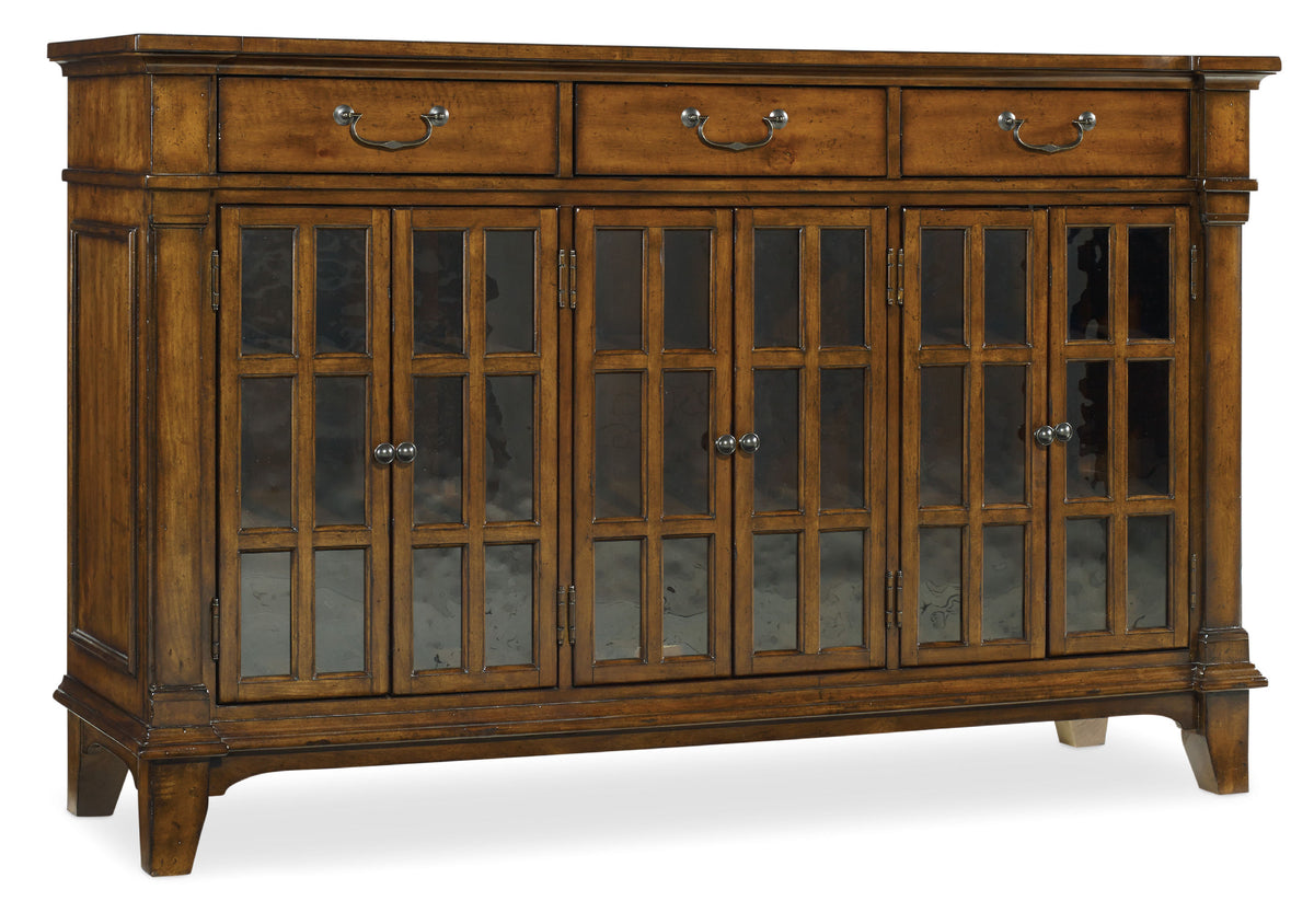a wooden cabinet with glass doors
