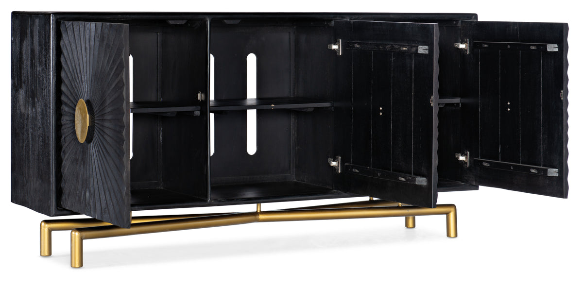 a black cabinet with a gold frame