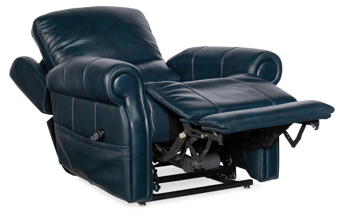 a blue leather recliner chair