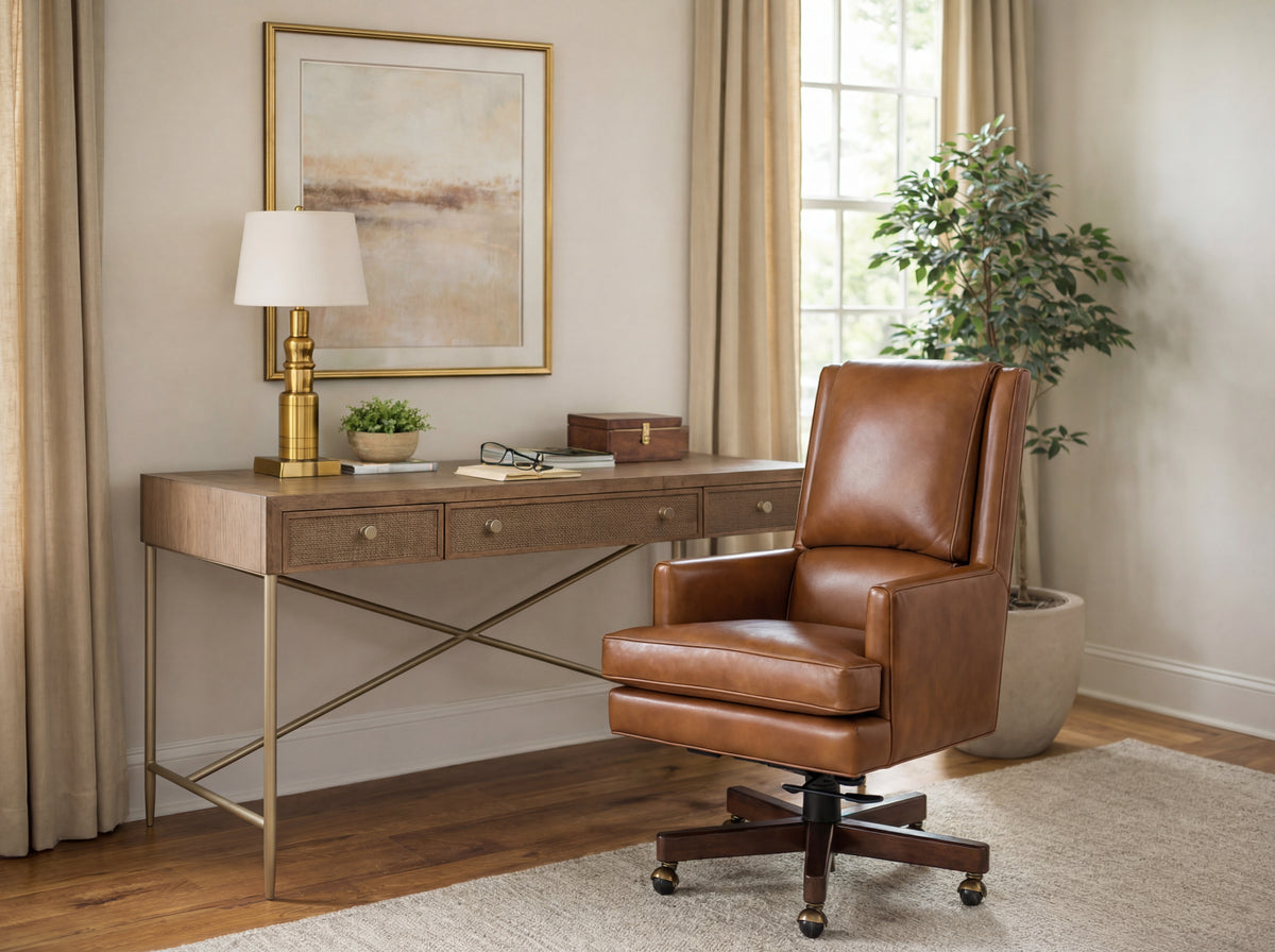 a brown leather chair next to a desk