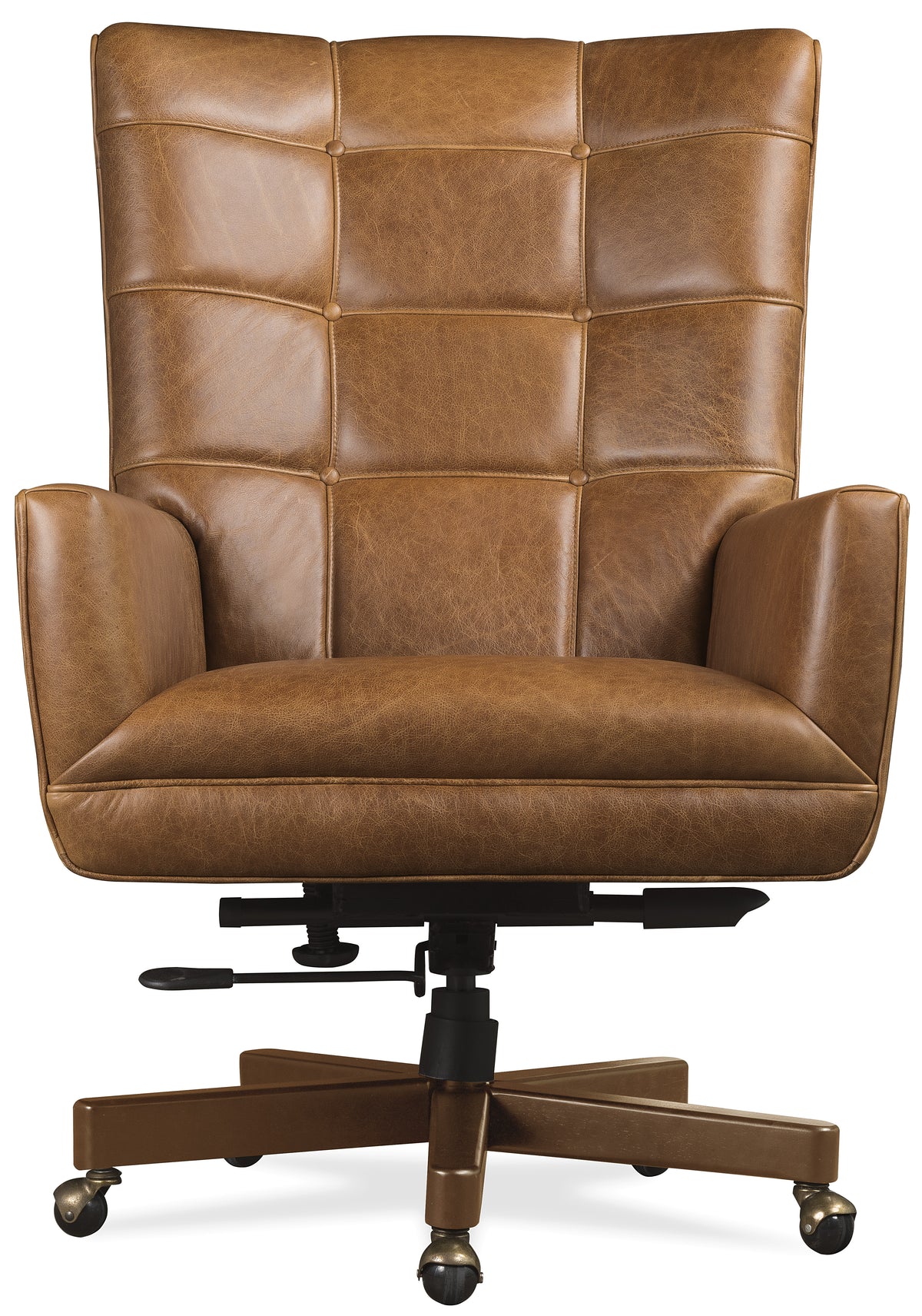 a brown leather chair with wheels