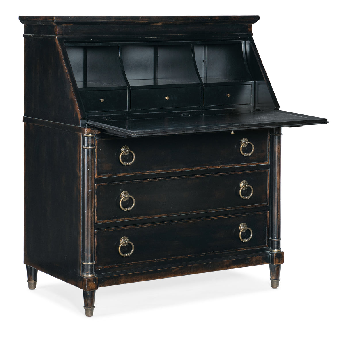 a black desk with a black top