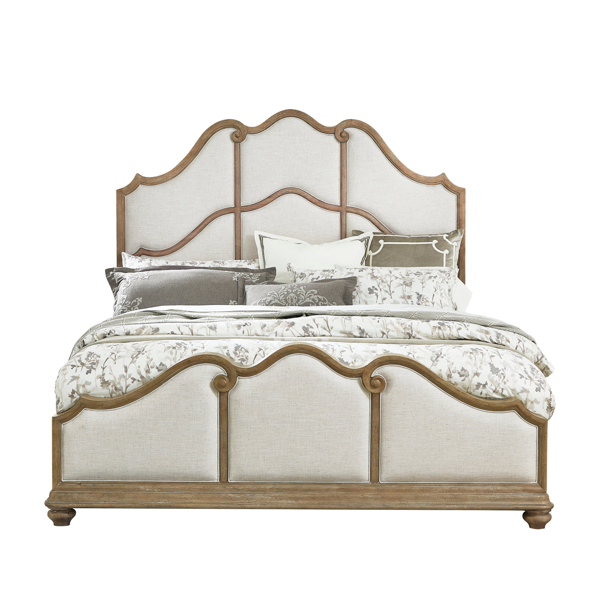 a bed with a white headboard
