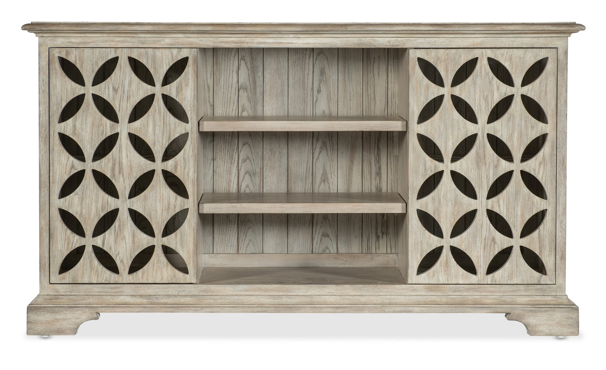 a wooden shelf with a design on it