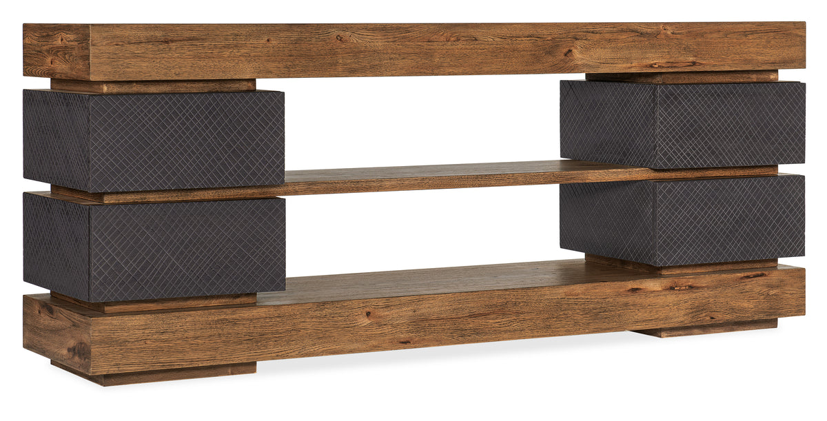 a wooden shelf with black and grey cubes