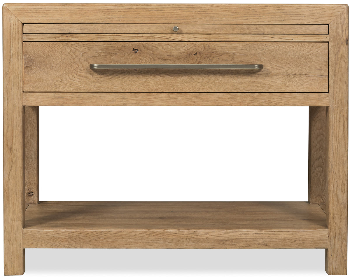 a wooden table with a drawer